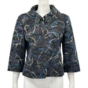 Trenz by Theresa Renz Jacket Womens Large Black‎ Embroidered 3/4 Sleeves Artsy